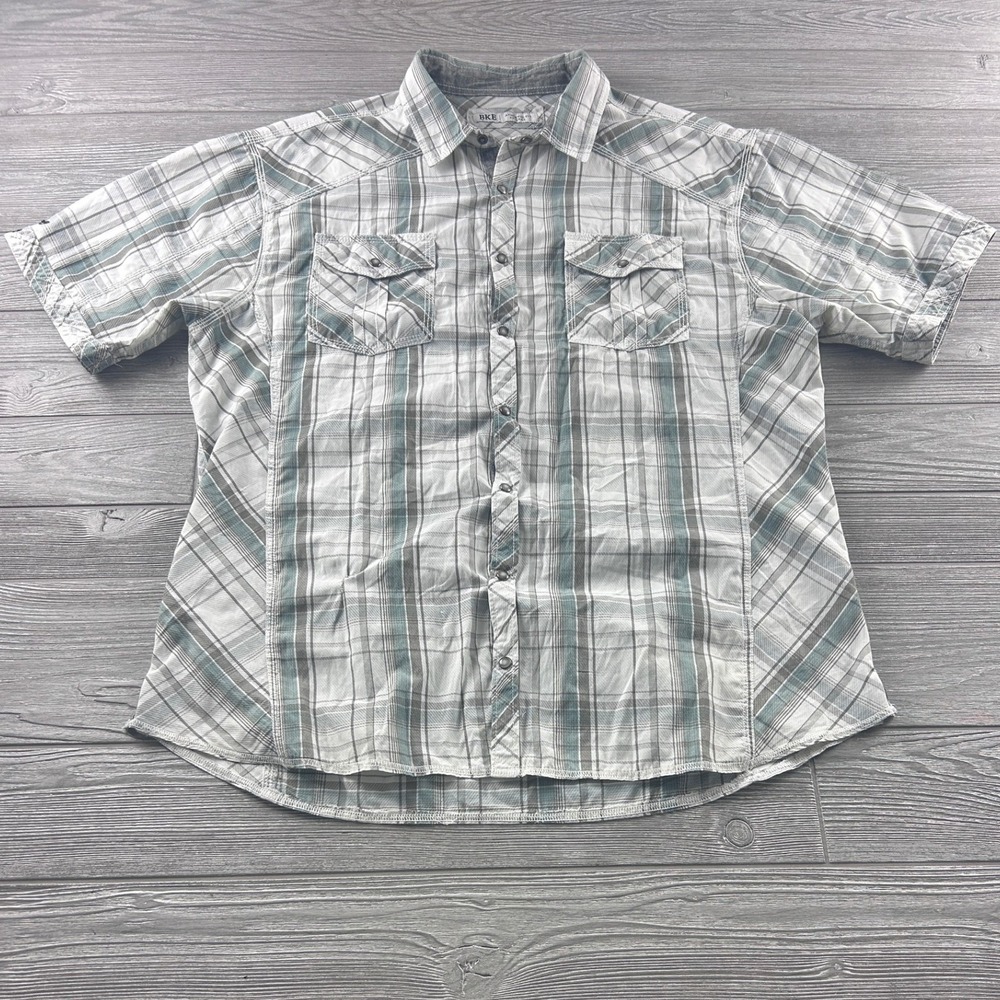 BKE Mens Athletic Fit Plaid Short Sleeve Snap Front Shirt 2XL White Teal B2610